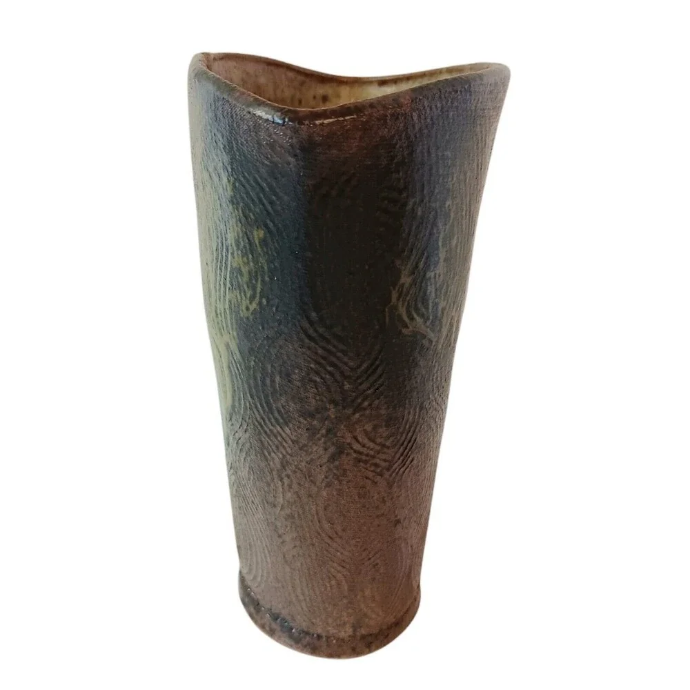 Cynthia Spencer Pottery Vase Brown Rust Mustard Colors Fan Shape 6.5